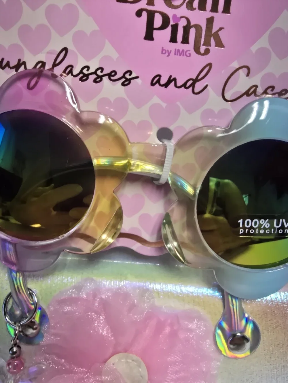 NWT Dream Pink Kids Flower Sunglasses Iridescent Glitter Case Set
